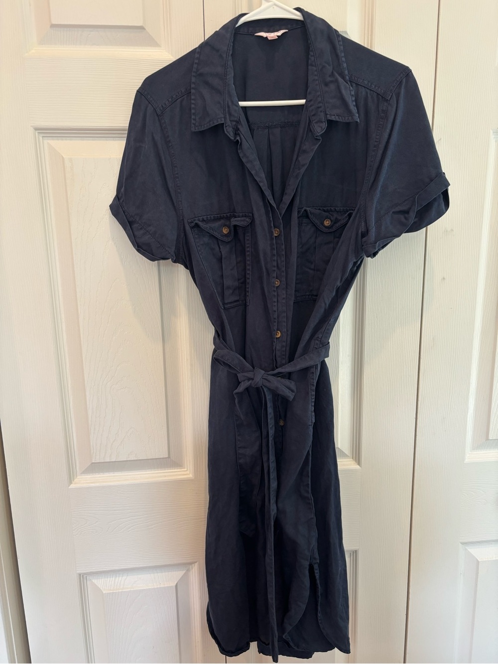 Button-Front Navy Midi Shirt Dress with Tie Belt